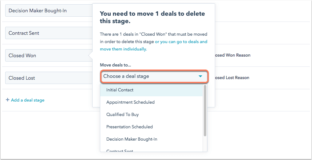 Choosing a Deal Stage in HubSpot